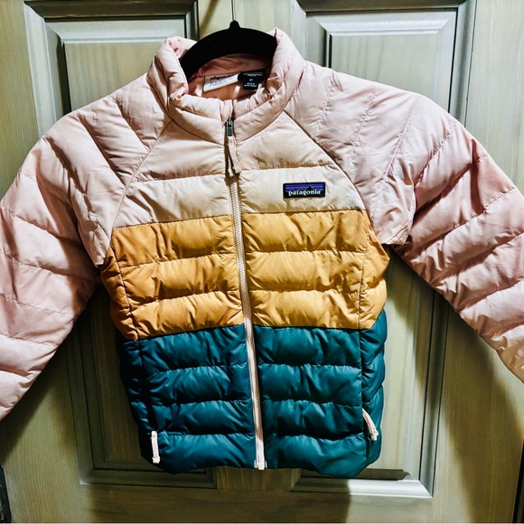 Patagonia Kids' Pink, Orange, and Teal Puffer Jacket - Picture 1 of 6